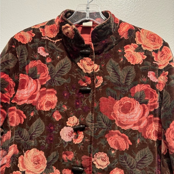 Vintage Floral Print Velvet Quilted Jacket Toggle Cottagecore Prairie Artsy Boho - Picture 3 of 9